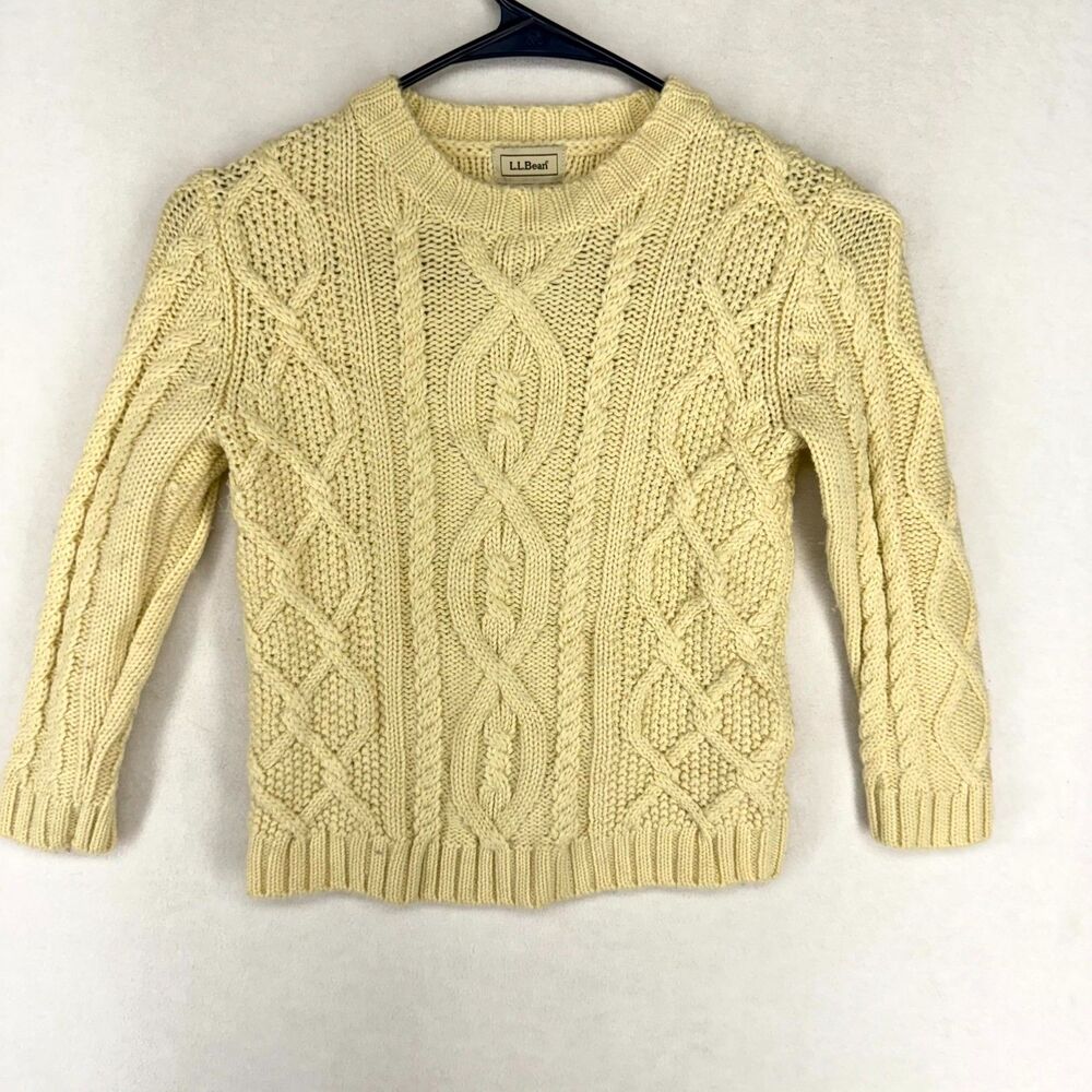 LL‎ Bean Kids Sweater Cable Knit Size 5/6 Cream Wool Blend Fisherman Pullover